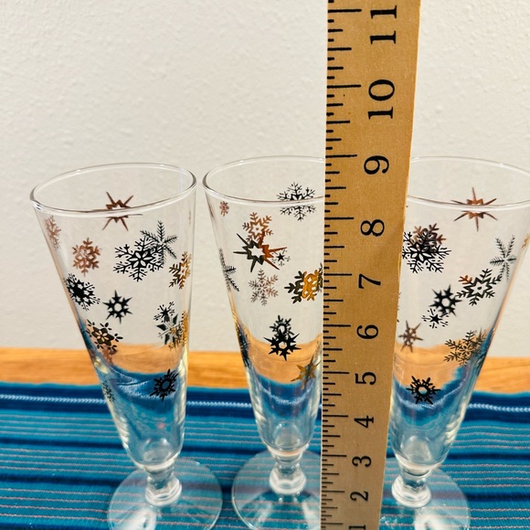 Vtg Federal Glass Atomic Starburst Black Gold Snowflake Pilsner Glasses set of 3 - Picture 2 of 5